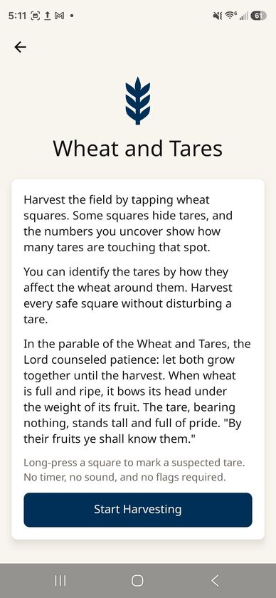 Wheat and Tares intro screen